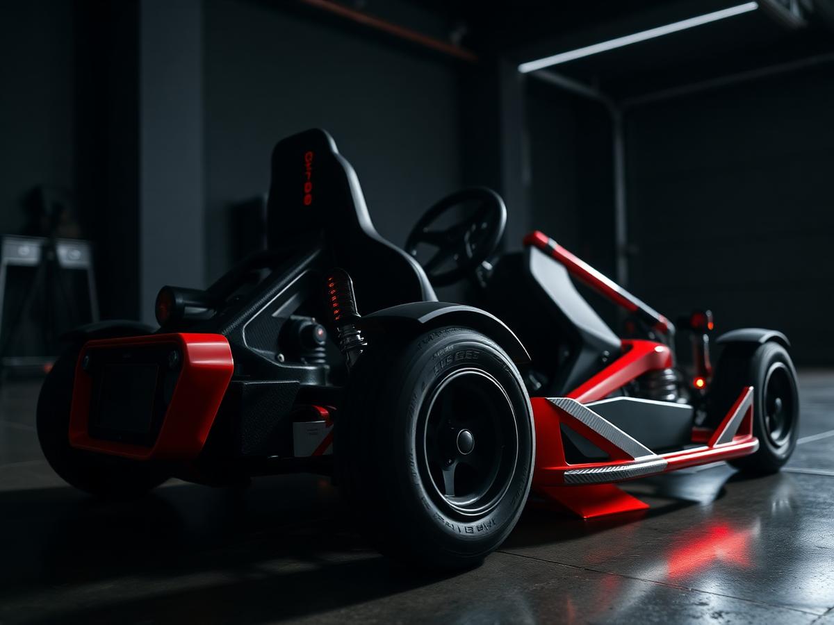 Apex Karting electric kart with red chassis in the pit garage